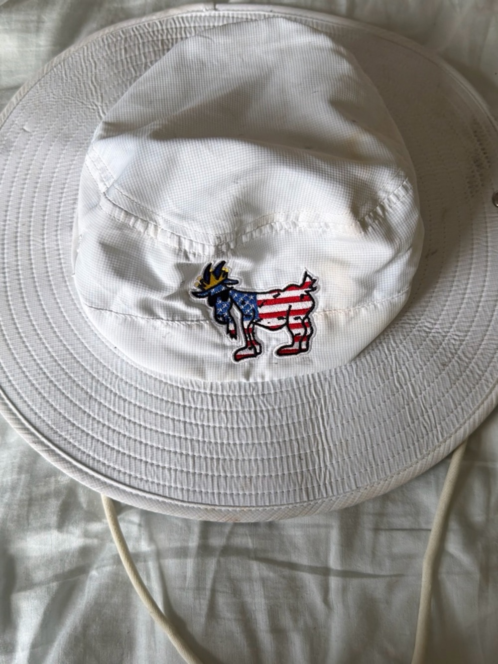 GOAT White Bucket Hat with American Flag Patch